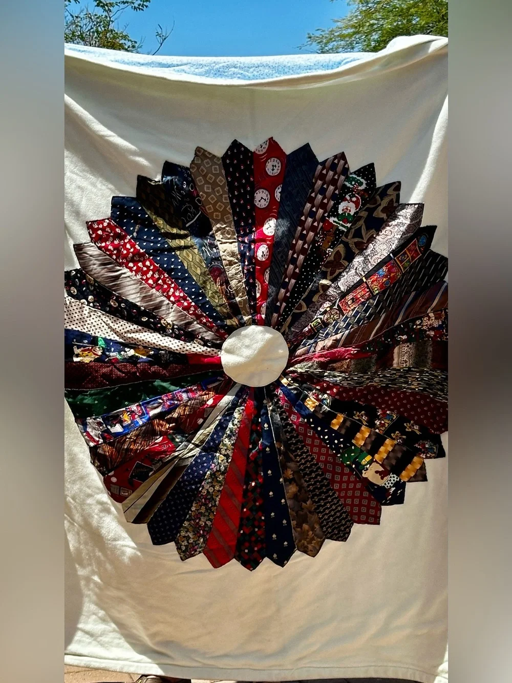 Handmade Flannel Quilt made of White Flannel & neckties made into a flower.